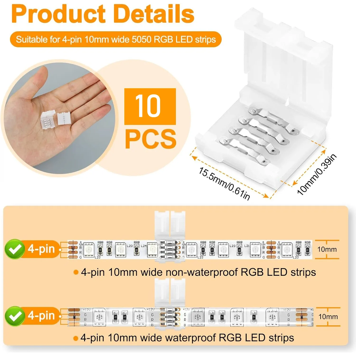 Connecteur sans soudure en L pour bande LED, 4 broches, 10 mm, pour bande RGB 5050/3528 PCB, lot de 10 pièces 6