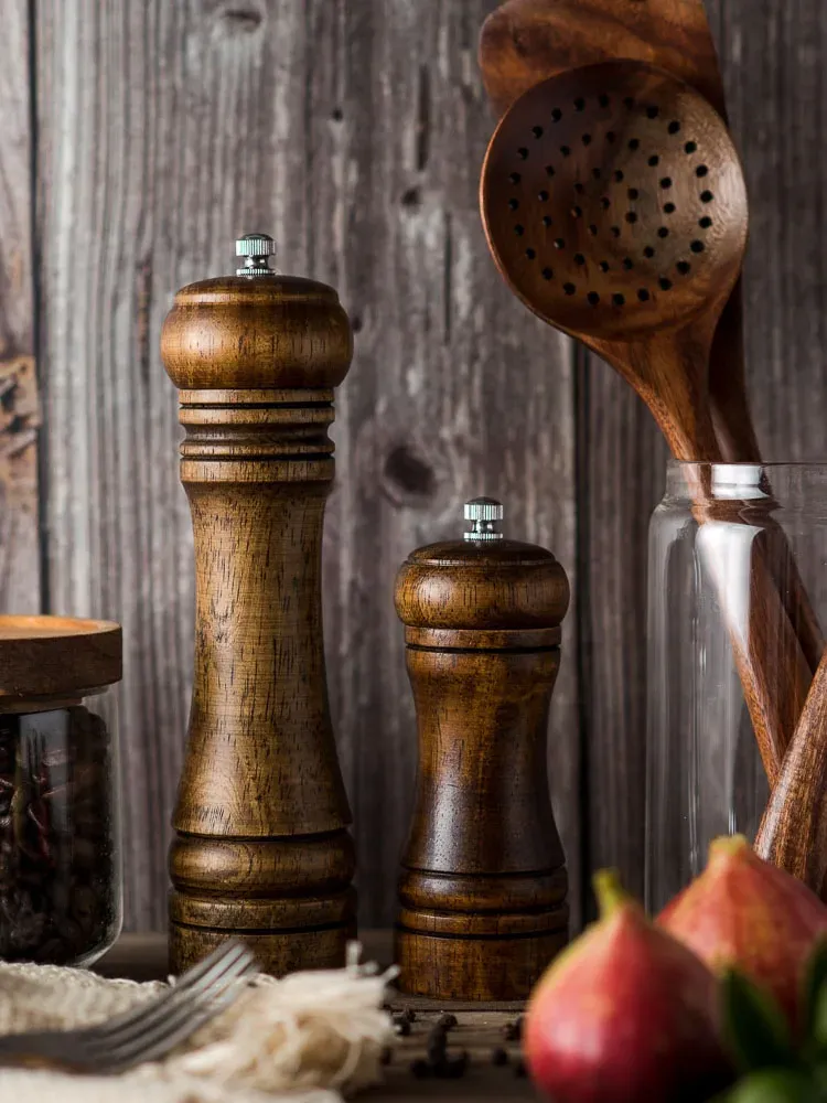 Moulins à sel et à poivre vintage en bois, réglables, à mouvement manuel et mécanisme en céramique 5