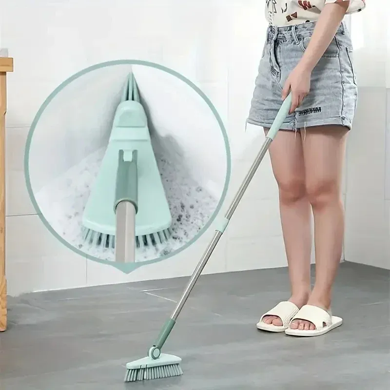 Brosse triangulaire à long manche et poils durs pour le nettoyage des sols et des joints de carrelage de salle de bain - Image 1