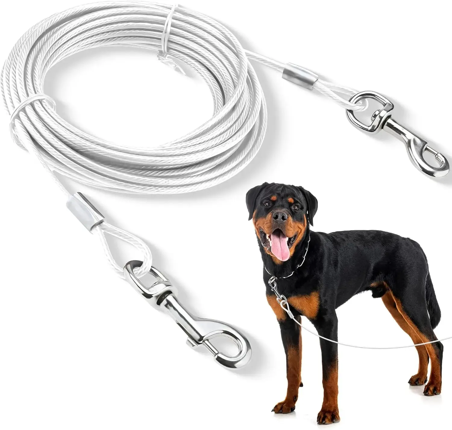 Laisse d'arrimage à double tête pour chien en câble d'acier antirouille avec boucle métallique, pour usage extérieur 4