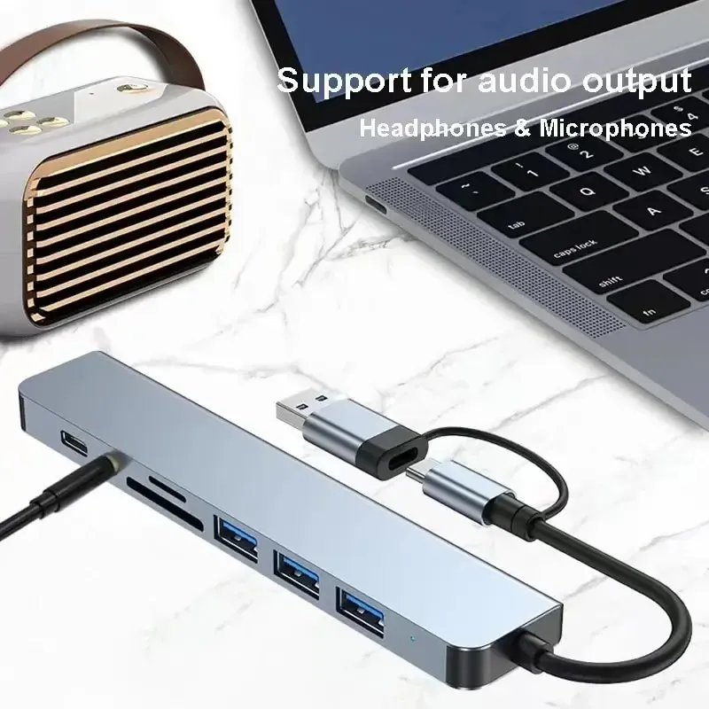 Hub USB 8-en-2 avec lecteur de cartes, port USB-C, USB 3.0/2.0, SD/TF et station d'accueil 3