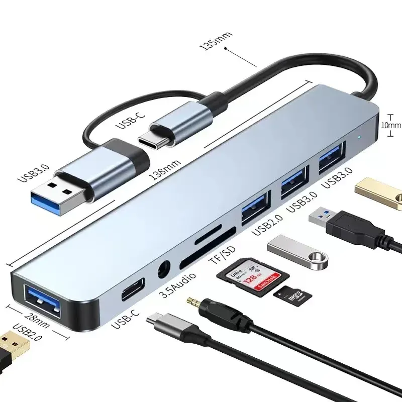 Hub USB 8 en 2 en alliage d'aluminium gris, vue d'ensemble