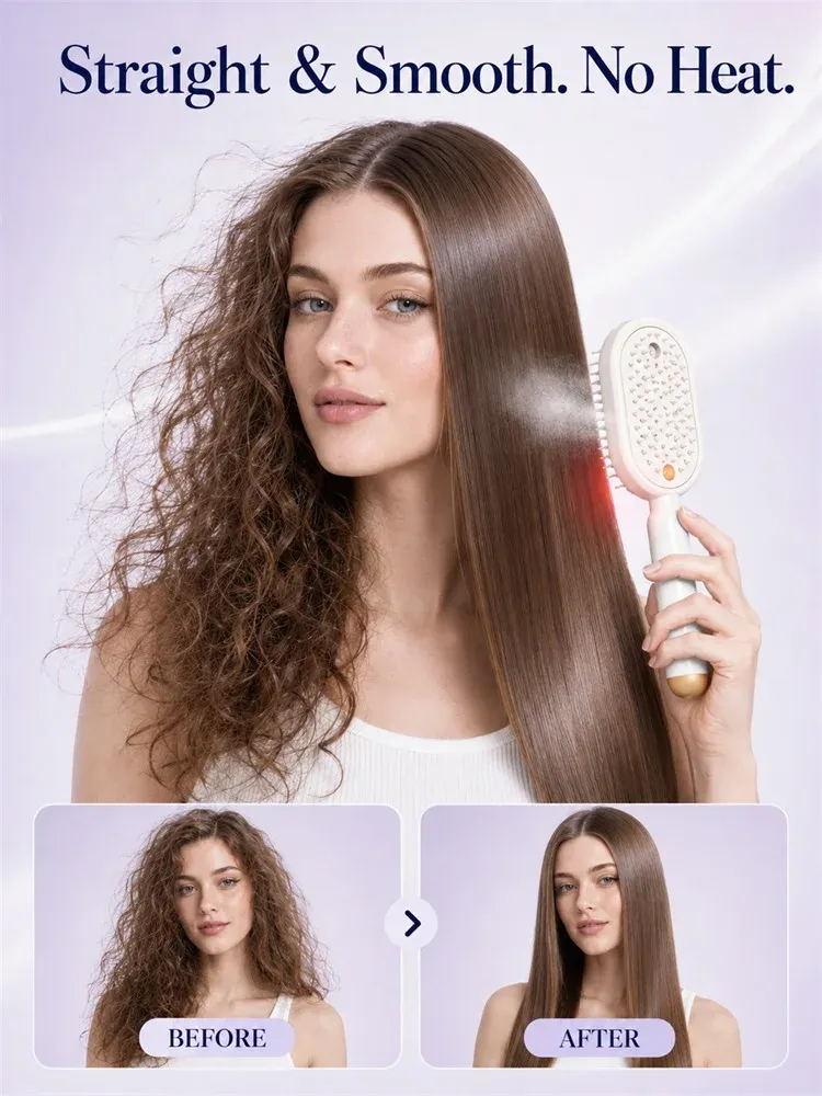 Brosse lissante électrique sans chaleur avec brumisateur, thérapie par lumière rouge et massage du cuir chevelu, sans fil, à charge rapide 1
