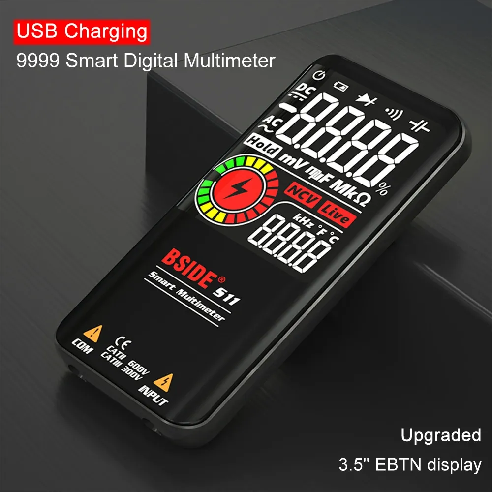 Multimètre numérique professionnel BSIDE Smart 9999 avec détection EMF, mesure DC/AC, test de tension, de capacité, de résistance et de diode, connexion USB 2