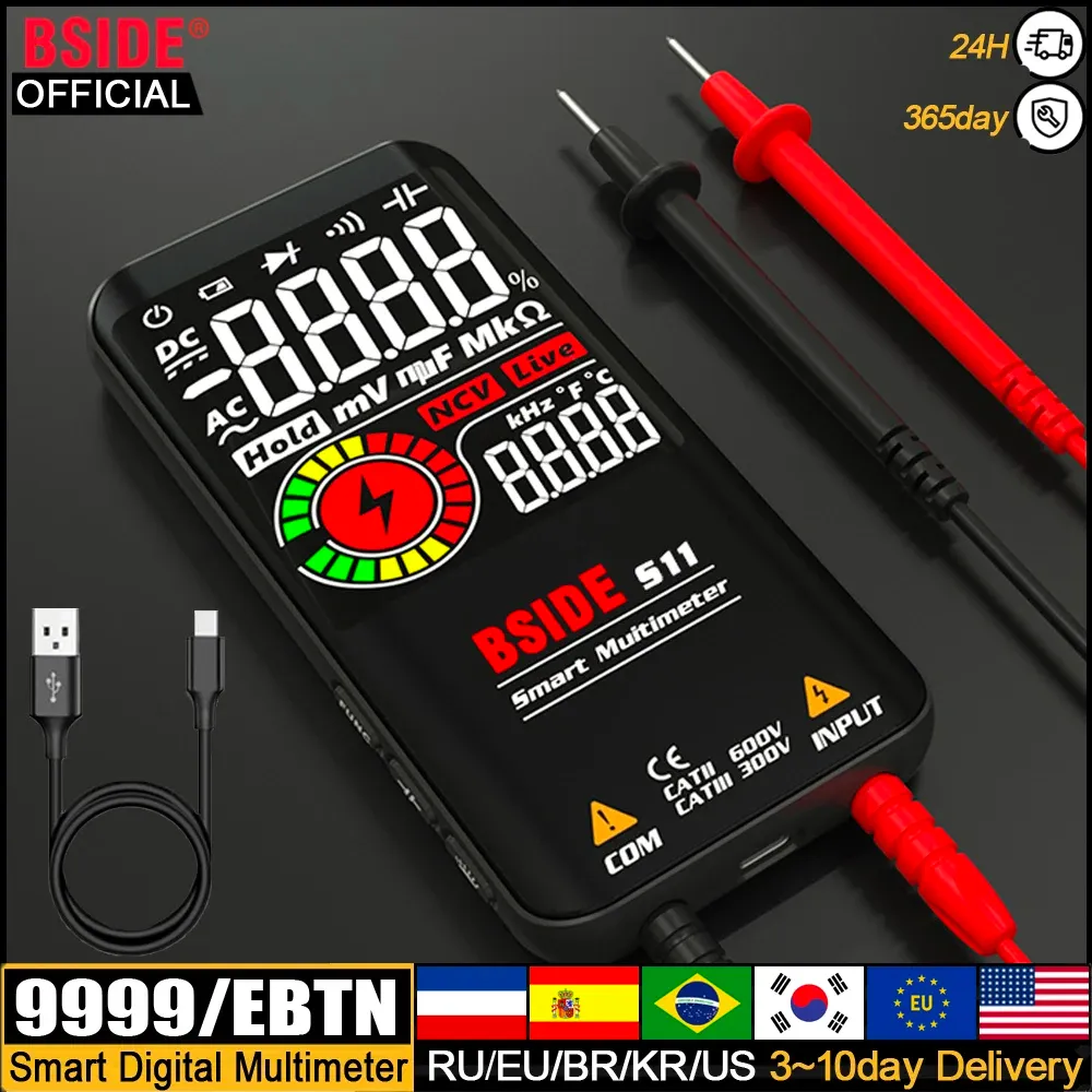 Multimètre numérique professionnel BSIDE Smart 9999 avec détection EMF, mesure DC/AC, test de tension, de capacité, de résistance et de diode, connexion USB - Image 1