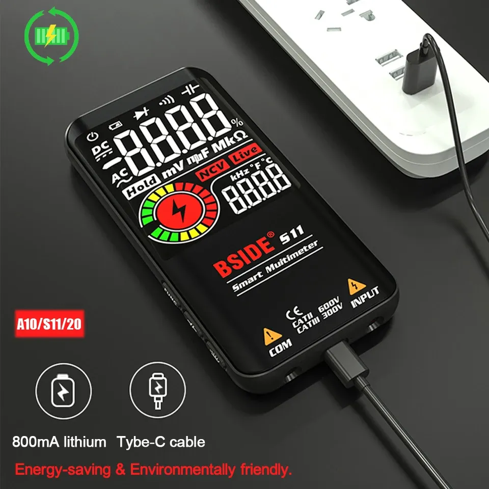 Multimètre numérique professionnel BSIDE Smart 9999 avec détection EMF, mesure DC/AC, test de tension, de capacité, de résistance et de diode, connexion USB 3