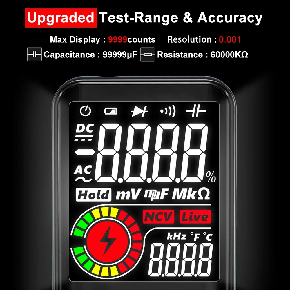 Multimètre numérique professionnel BSIDE Smart 9999 avec détection EMF, mesure DC/AC, test de tension, de capacité, de résistance et de diode, connexion USB 4