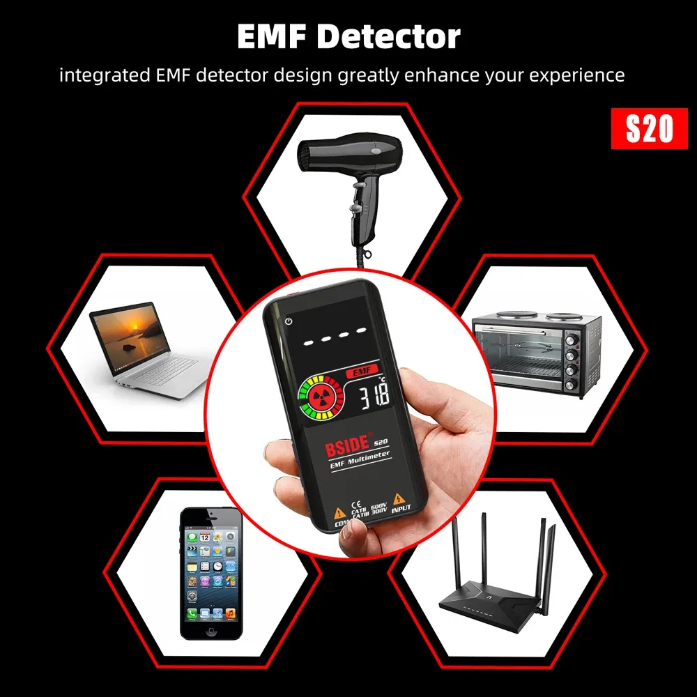 Multimètre numérique professionnel BSIDE Smart 9999 avec détection EMF, mesure DC/AC, test de tension, de capacité, de résistance et de diode, connexion USB 5
