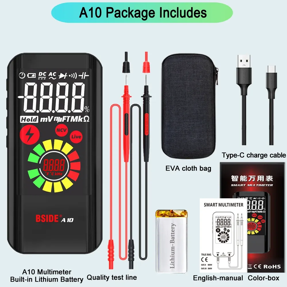 Multimètre numérique professionnel BSIDE Smart 9999 avec détection EMF, mesure DC/AC, test de tension, de capacité, de résistance et de diode, connexion USB 9