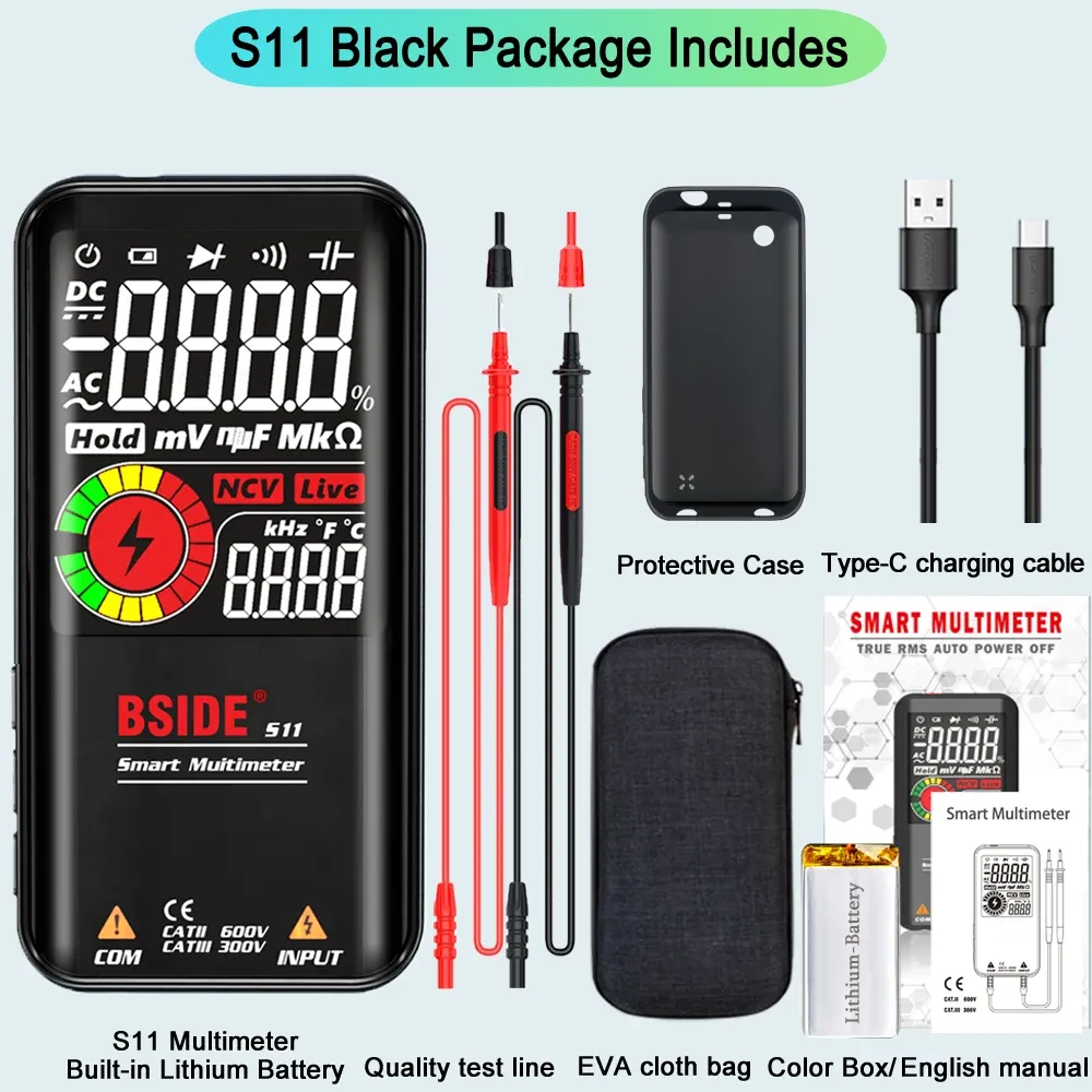 Multimètre numérique professionnel BSIDE Smart 9999 avec détection EMF, mesure DC/AC, test de tension, de capacité, de résistance et de diode, connexion USB 7