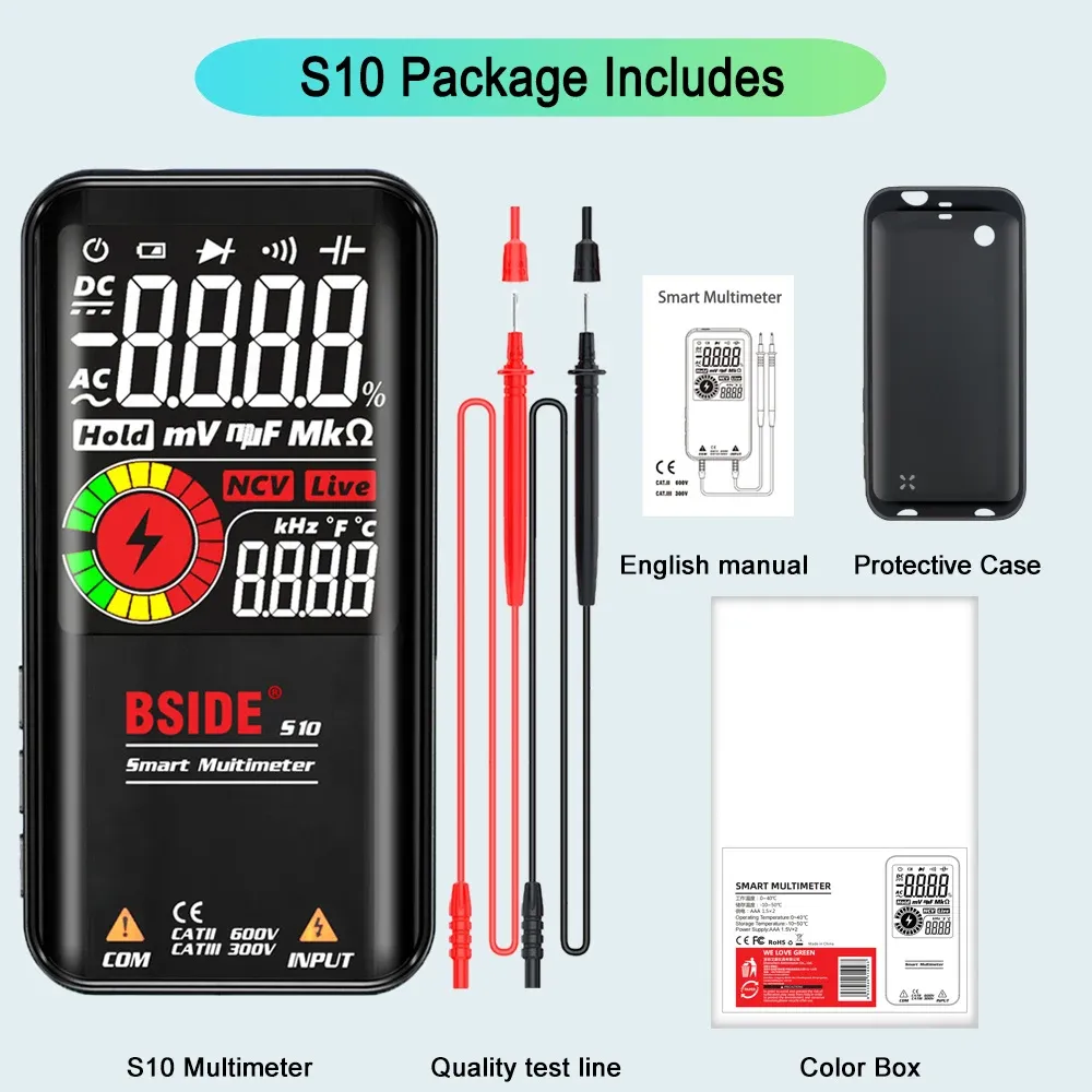 Multimètre numérique professionnel BSIDE Smart 9999 avec détection EMF, mesure DC/AC, test de tension, de capacité, de résistance et de diode, connexion USB 10