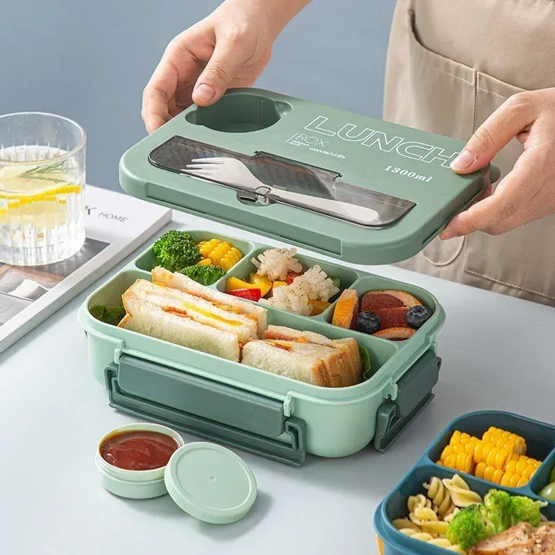 Boîte à déjeuner portable 1300 ml avec compartiments, boîte bento de bureau pour enfants et étudiants, avec fourchette et cuillère, récipient de conservation des aliments compatible micro-ondes - Image 1