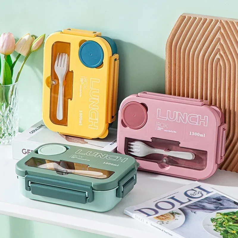 Boîte à déjeuner portable 1300 ml avec compartiments, boîte bento de bureau pour enfants et étudiants, avec fourchette et cuillère, récipient de conservation des aliments compatible micro-ondes 2