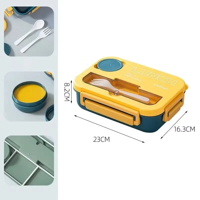 Boîte à déjeuner portable 1300 ml avec compartiments, boîte bento de bureau pour enfants et étudiants, avec fourchette et cuillère, récipient de conservation des aliments compatible micro-ondes 6