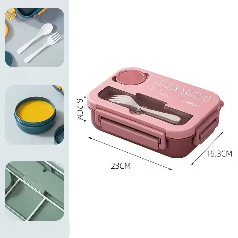 Boîte à déjeuner portable 1300 ml avec compartiments, boîte bento de bureau pour enfants et étudiants, avec fourchette et cuillère, récipient de conservation des aliments compatible micro-ondes 7