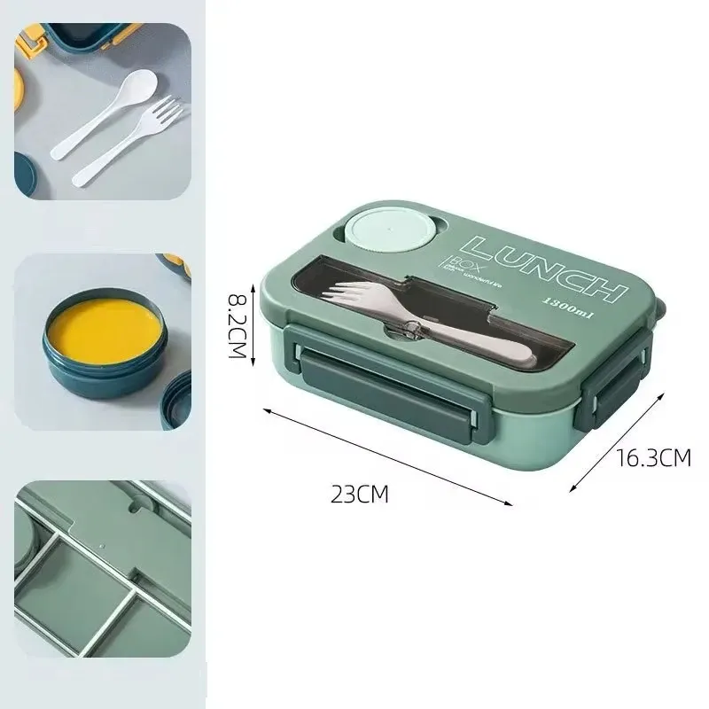 Boîte à déjeuner portable 1300 ml avec compartiments, boîte bento de bureau pour enfants et étudiants, avec fourchette et cuillère, récipient de conservation des aliments compatible micro-ondes 9