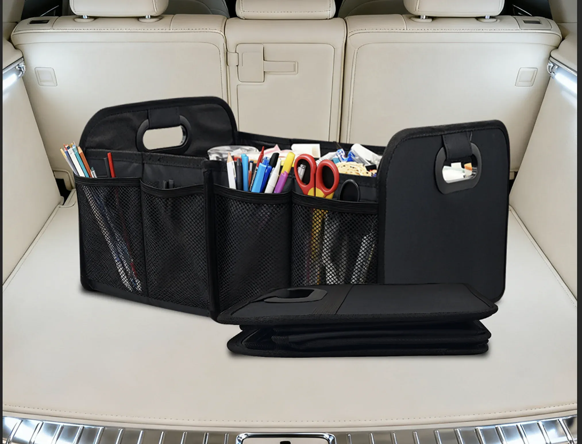 Organisateur de coffre pliable et portable 40 L avec filet latéral, boîte de rangement multifonctionnelle pour voiture et camping 4