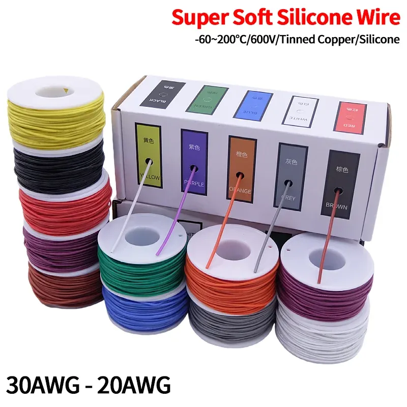Boîte de fil de cuivre ultra-souple (kit de 5 couleurs), fil électrique en cuivre étamé isolé en silicone flexible et résistant à la chaleur, 30/28/26/24/22/20 AWG