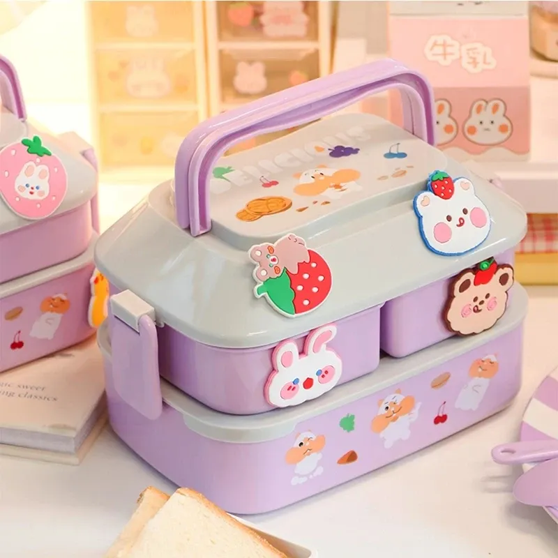 Boîte à déjeuner kawaii portable en plastique, bento pour pique-nique, compatible micro-ondes, avec compartiments, boîte de rangement pour enfants et école - Image 1