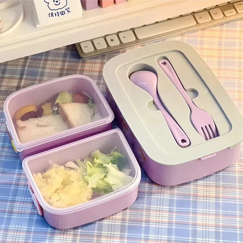 Boîte à déjeuner kawaii portable en plastique, bento pour pique-nique, compatible micro-ondes, avec compartiments, boîte de rangement pour enfants et école 3