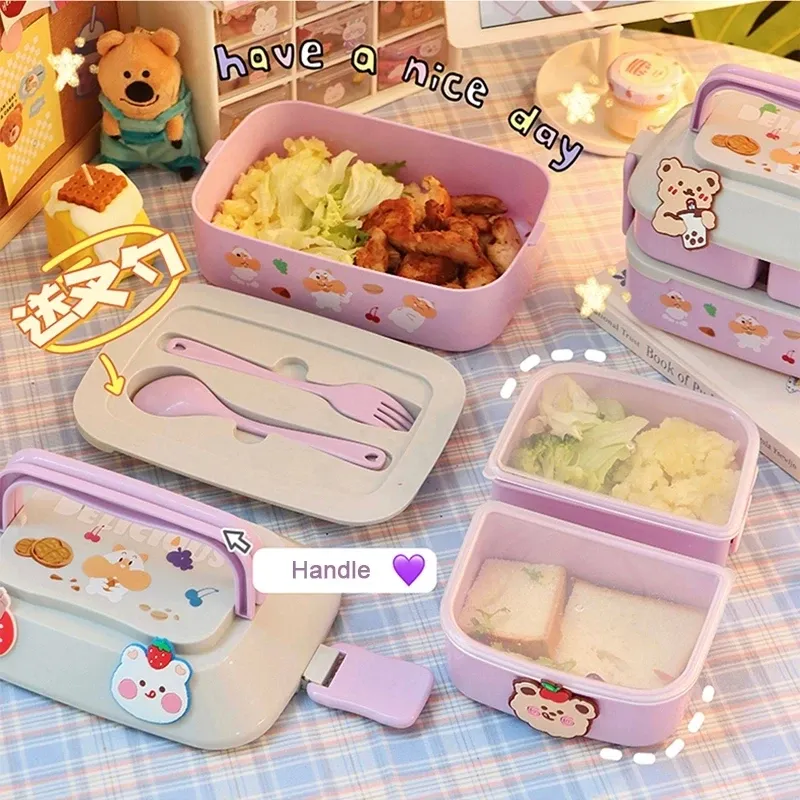 Boîte à déjeuner kawaii portable en plastique, bento pour pique-nique, compatible micro-ondes, avec compartiments, boîte de rangement pour enfants et école 4
