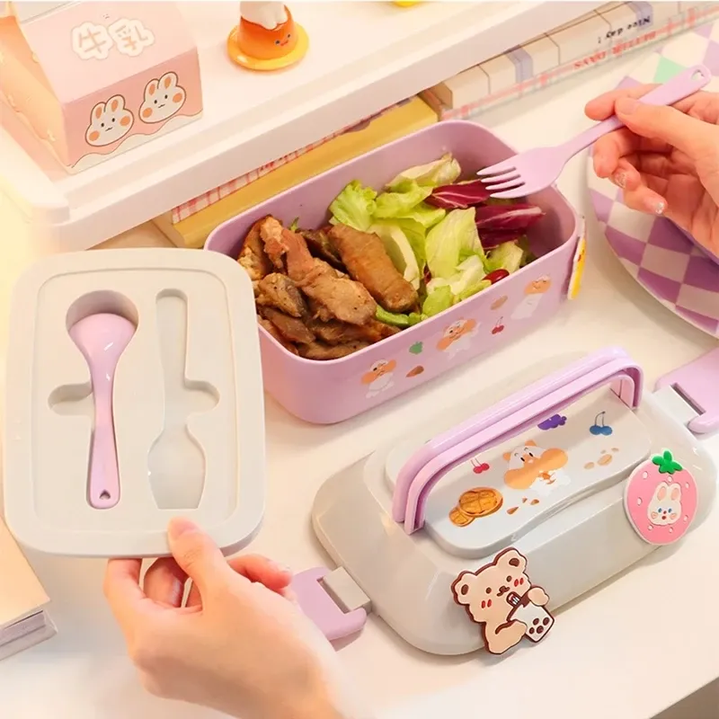 Boîte à déjeuner kawaii portable en plastique, bento pour pique-nique, compatible micro-ondes, avec compartiments, boîte de rangement pour enfants et école 5