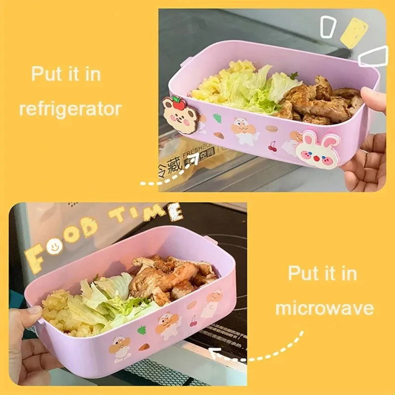 Boîte à déjeuner kawaii portable en plastique, bento pour pique-nique, compatible micro-ondes, avec compartiments, boîte de rangement pour enfants et école 6