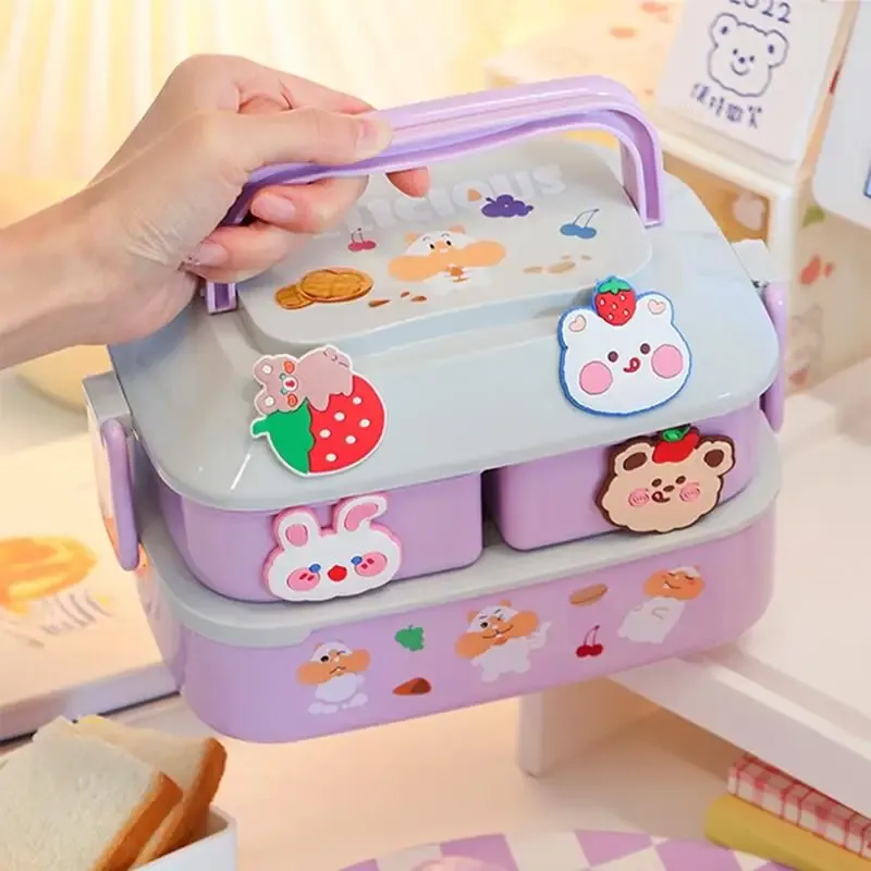 Boîte à déjeuner kawaii portable en plastique, bento pour pique-nique, compatible micro-ondes, avec compartiments, boîte de rangement pour enfants et école 16