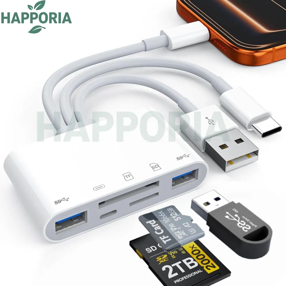 Lecteur de carte SD 5 en 1 avec concentrateur USB, adaptateur OTG USB 3.0 vers USB-C pour iPhone et Huawei 1