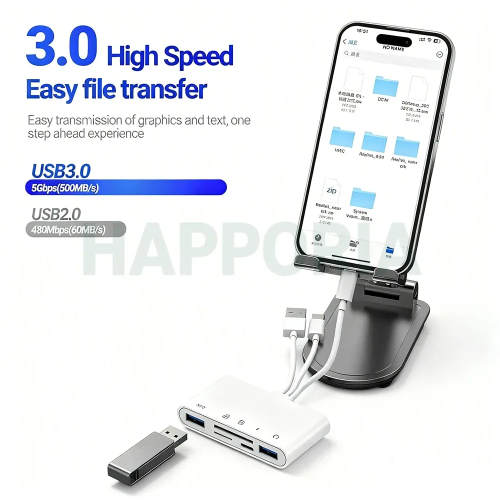 Lecteur de carte SD 5 en 1 avec concentrateur USB, adaptateur OTG USB 3.0 vers USB-C pour iPhone et Huawei 3