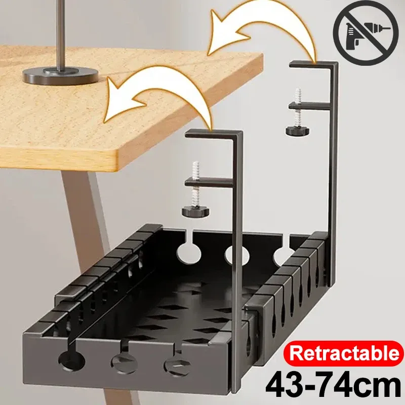 Plateau de gestion de câbles sans perçage à fixer sous le bureau, organisateur de câbles rétractable pour bureau à domicile, support de rangement en métal pour routeur, PC et câbles de données