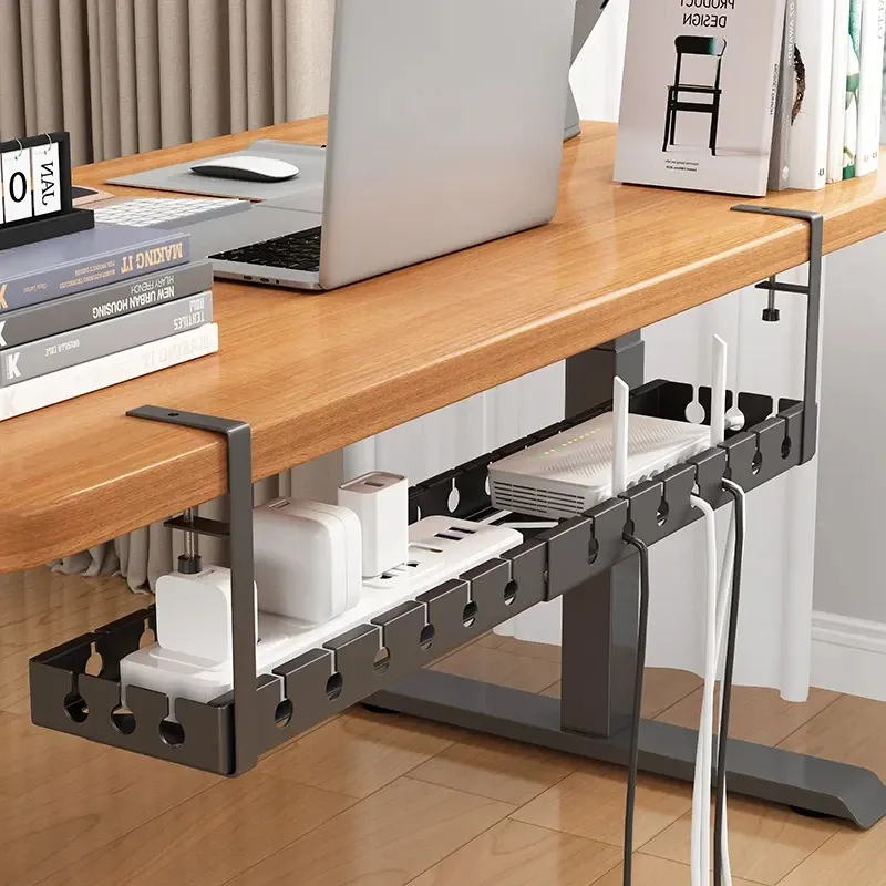 Plateau de gestion de câbles sans perçage à fixer sous le bureau, organisateur de câbles rétractable pour bureau à domicile, support de rangement en métal pour routeur, PC et câbles de données 2