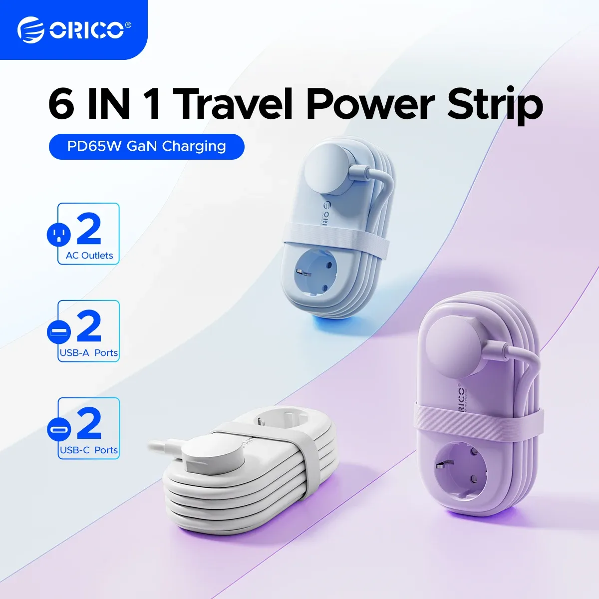 ORICO Multiprise de voyage portable 65 W GaN avec 2 prises CA, 2 ports USB-C et adaptateur UE