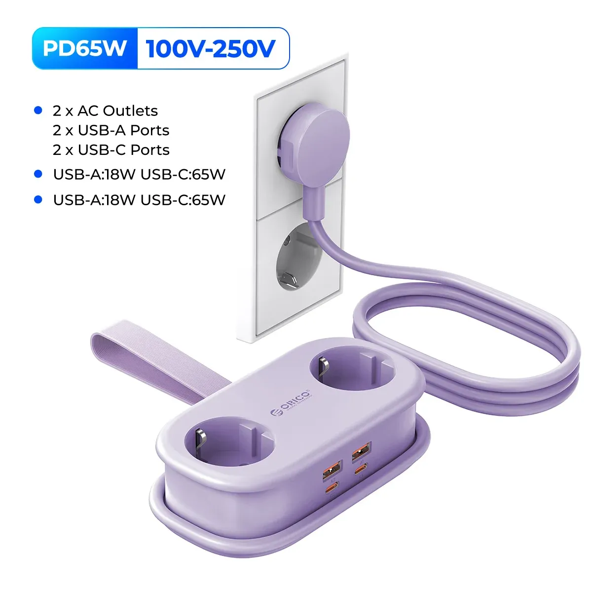 ORICO Multiprise de voyage portable 65 W GaN avec 2 prises CA, 2 ports USB-C et adaptateur UE 7