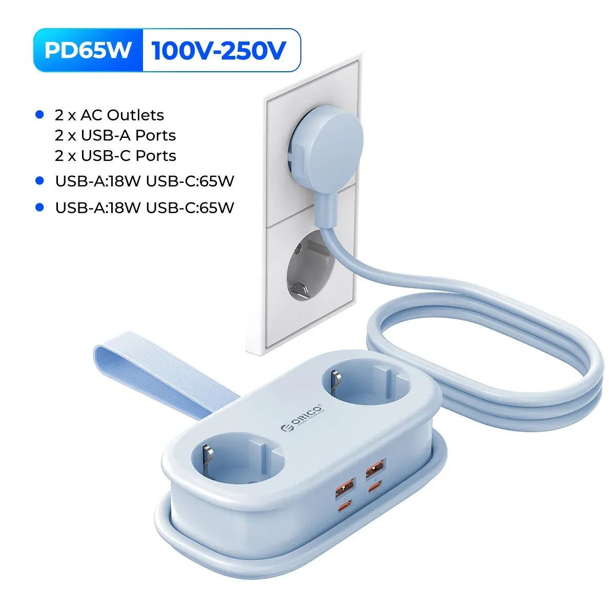 ORICO Multiprise de voyage portable 65 W GaN avec 2 prises CA, 2 ports USB-C et adaptateur UE 10