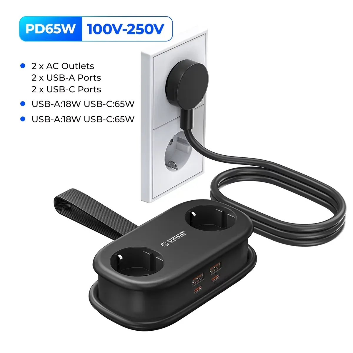 ORICO Multiprise de voyage portable 65 W GaN avec 2 prises CA, 2 ports USB-C et adaptateur UE 9