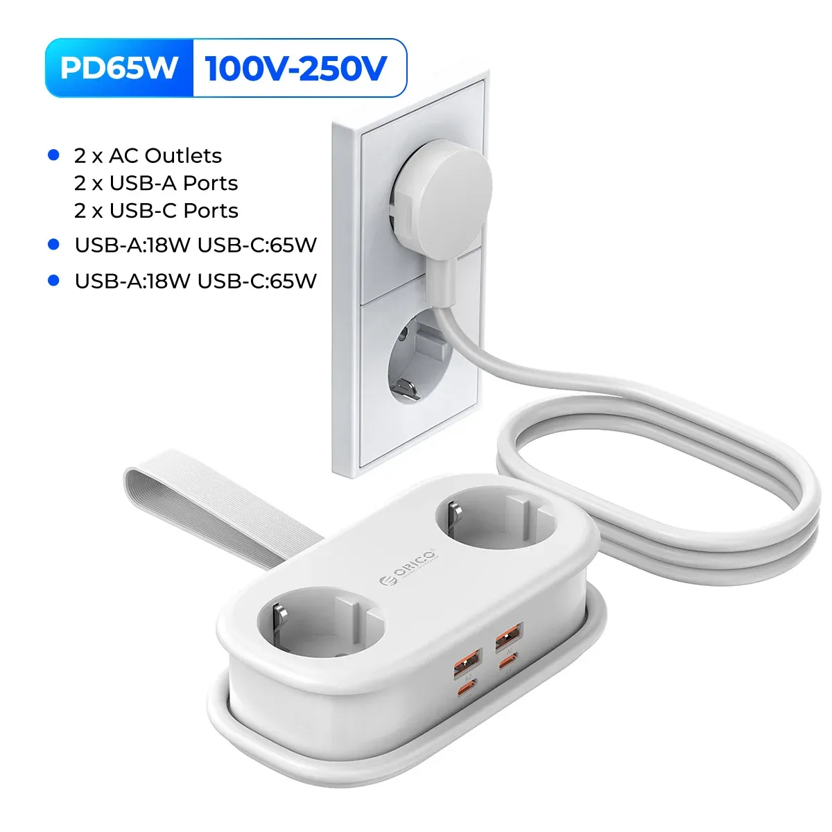 ORICO Multiprise de voyage portable 65 W GaN avec 2 prises CA, 2 ports USB-C et adaptateur UE 8