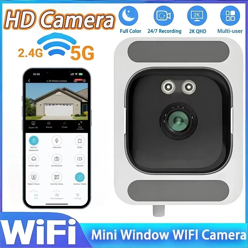 Caméra de sécurité intérieure Wi-Fi 2,4/5 GHz, Full HD 1080p, 3 MP, vision nocturne couleur, mini caméra adhésive pour fenêtre