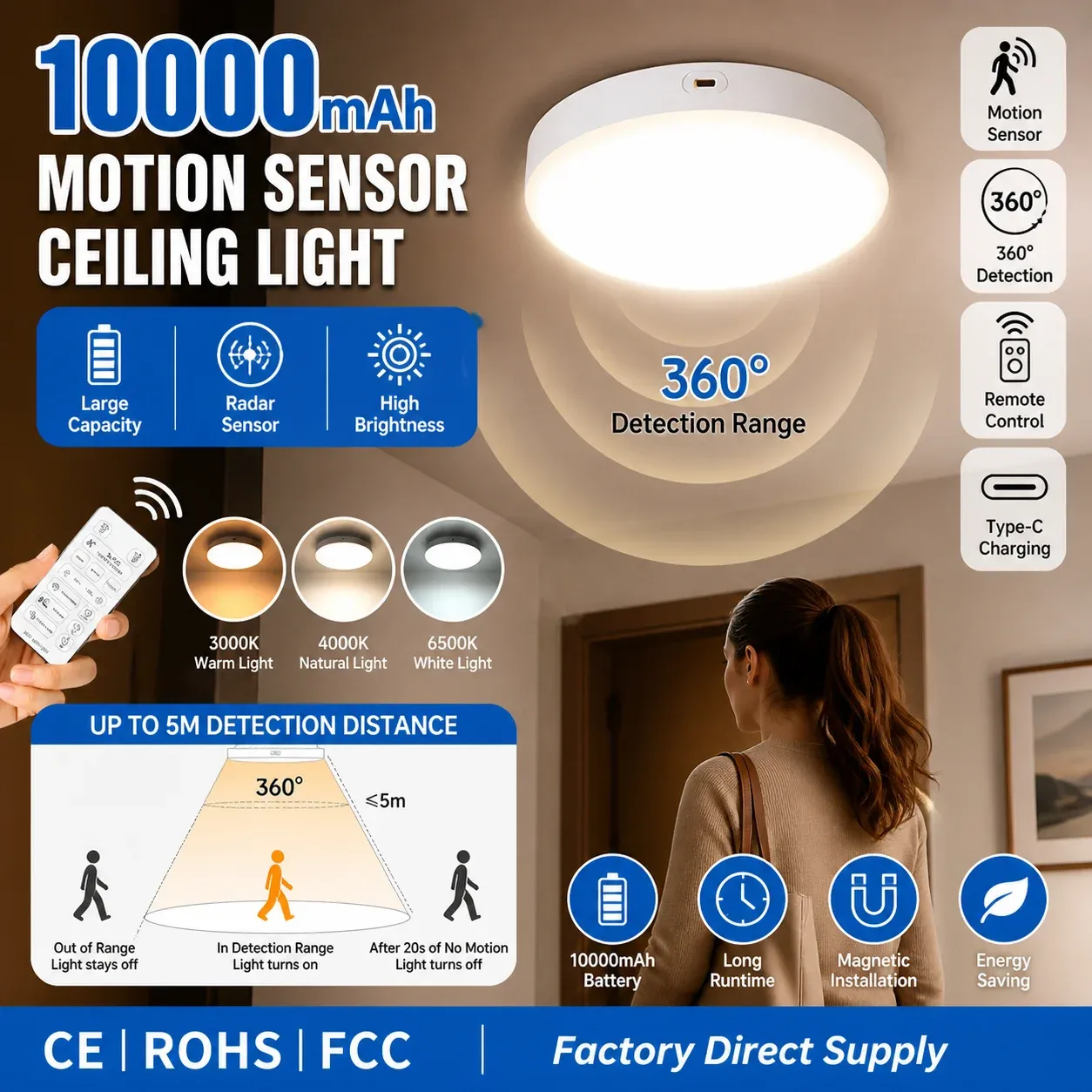 Plafonnier LED rechargeable 10 000 mAh avec détecteur de mouvement radar intelligent, télécommande sans fil, installation sans câblage, 3 températures de couleur