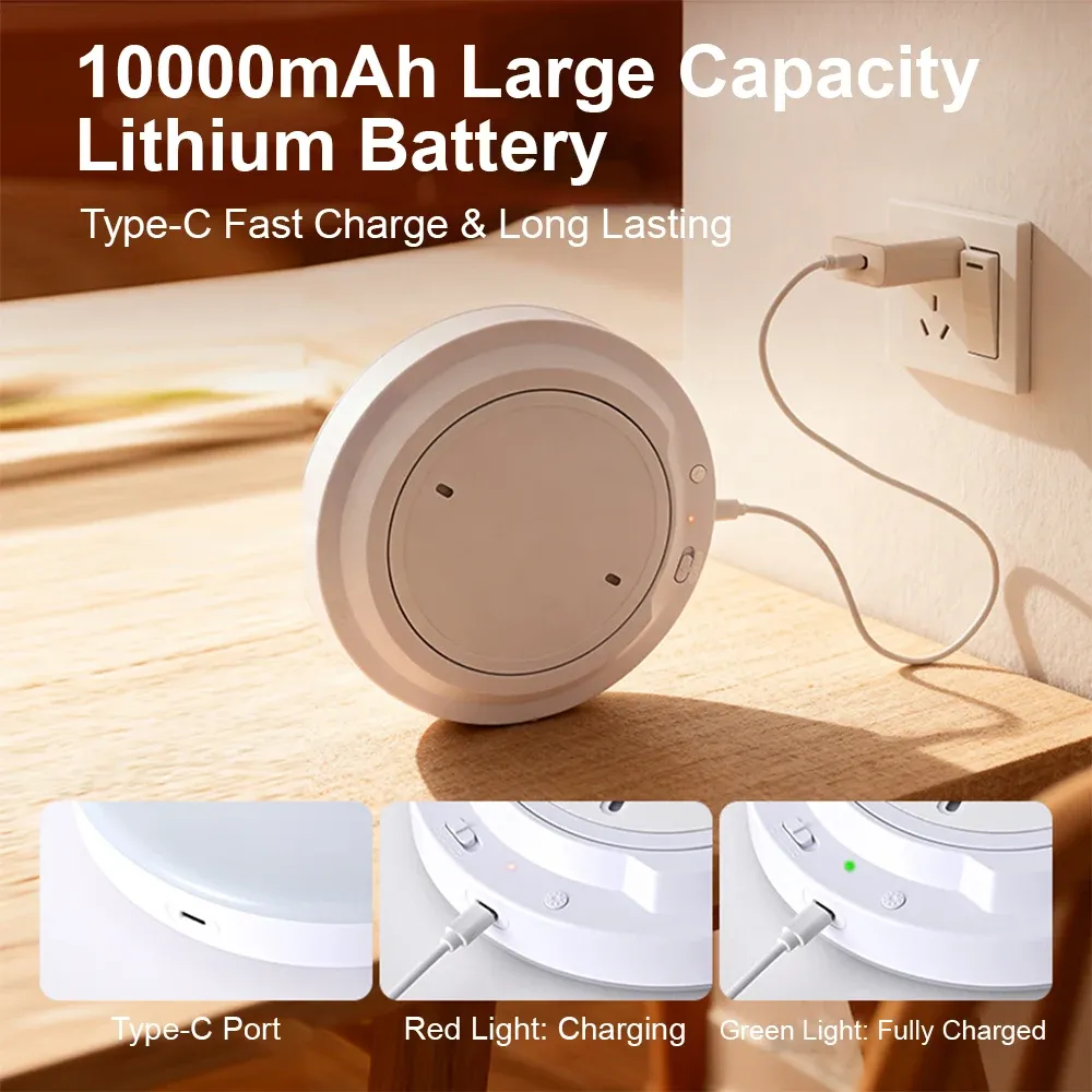 Plafonnier LED rechargeable 10 000 mAh avec détecteur de mouvement radar intelligent, télécommande sans fil, installation sans câblage, 3 températures de couleur 3