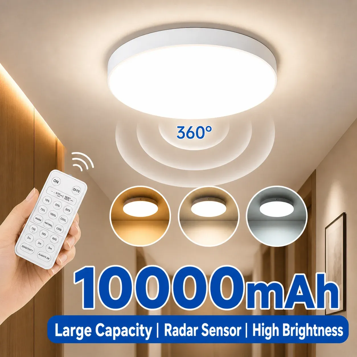 Plafonnier LED rechargeable 10 000 mAh avec détecteur de mouvement radar intelligent, télécommande sans fil, installation sans câblage, 3 températures de couleur 2