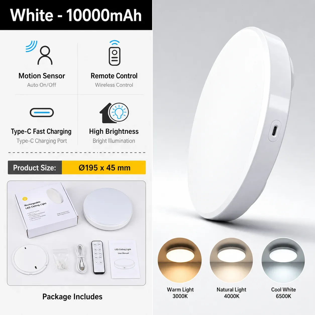 Plafonnier LED rechargeable 10 000 mAh avec détecteur de mouvement radar intelligent, télécommande sans fil, installation sans câblage, 3 températures de couleur 7