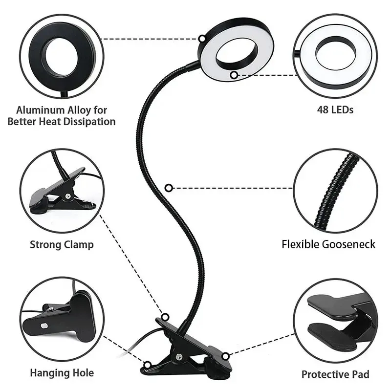 Lampe de lecture USB à 48 LED avec pince, lampe de bureau à col de cygne flexible, 3 modes de couleur, 10 niveaux de luminosité, orientable à 360° 3