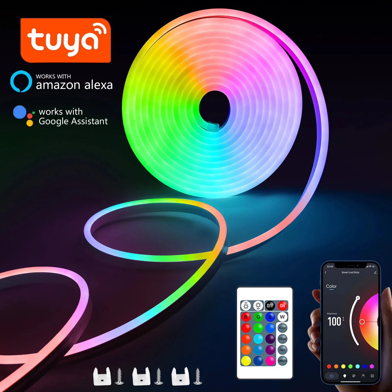 Bande LED néon RGB 1/2/3/5 m IP65 étanche, ruban flexible USB pour décoration intérieure, compatible Tuya, contrôle par application et télécommande
