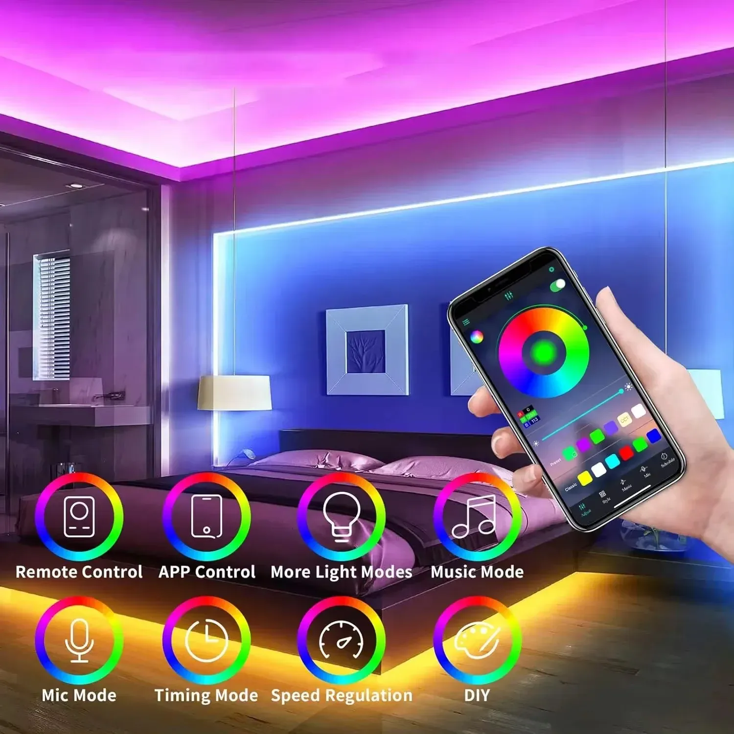 Bande LED néon RGB 1/2/3/5 m IP65 étanche, ruban flexible USB pour décoration intérieure, compatible Tuya, contrôle par application et télécommande 3