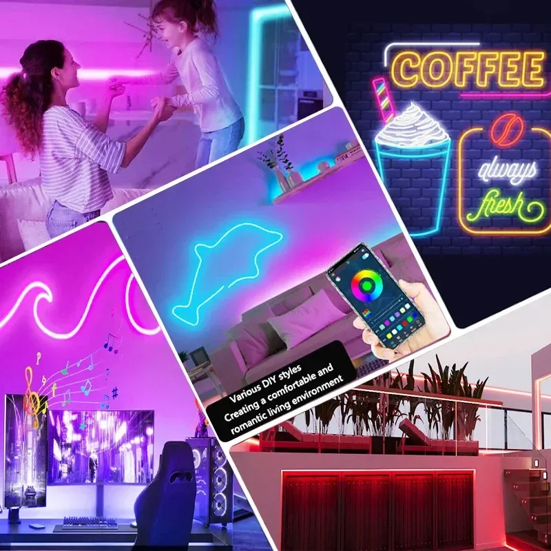 Bande LED néon RGB 1/2/3/5 m IP65 étanche, ruban flexible USB pour décoration intérieure, compatible Tuya, contrôle par application et télécommande 6