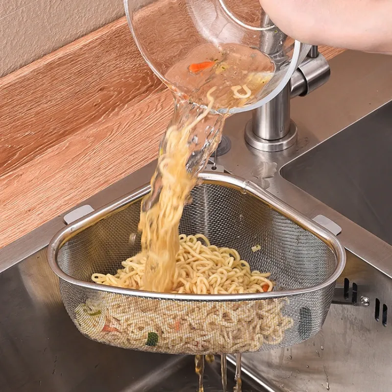 Panier de vidange en acier inoxydable pour évier de cuisine, égouttoir triangulaire pour aliments et légumes 4