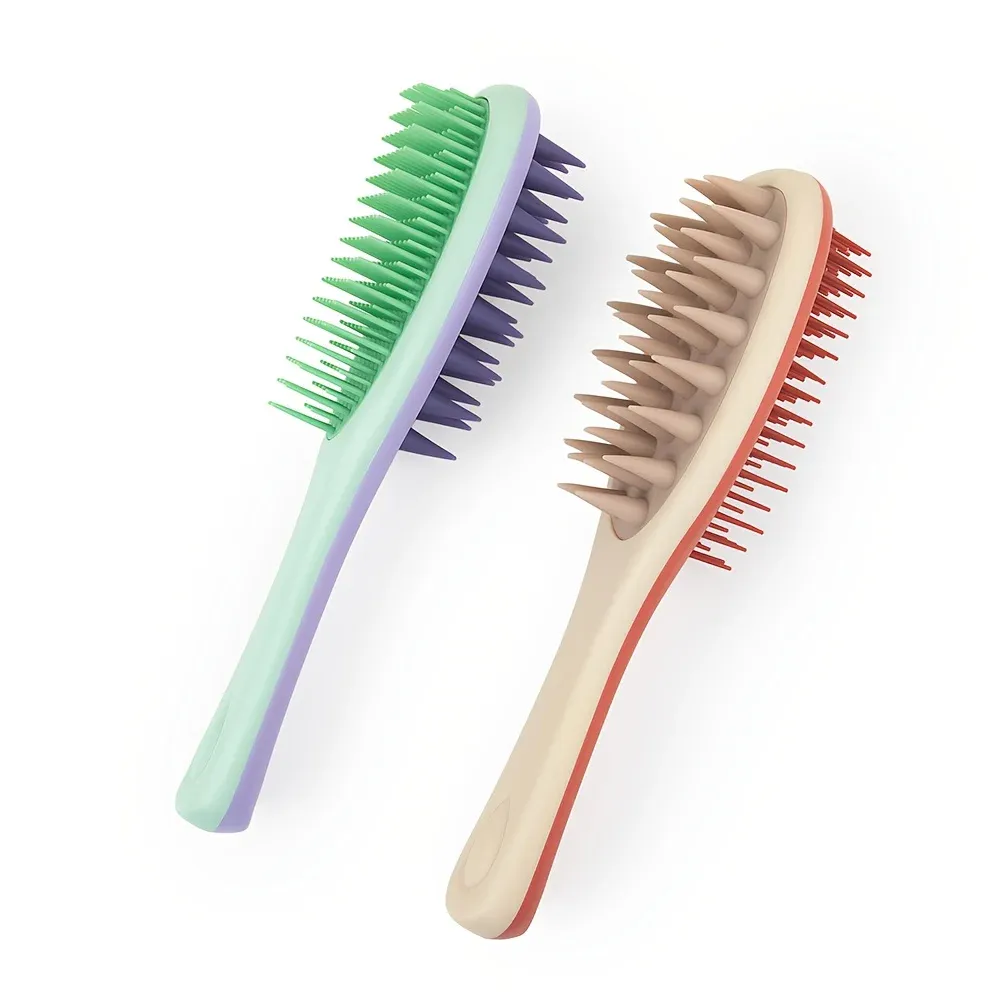 Brosse à cheveux double face avec masseur de cuir chevelu, poils en silicone et long manche, pour cheveux secs et humides 5