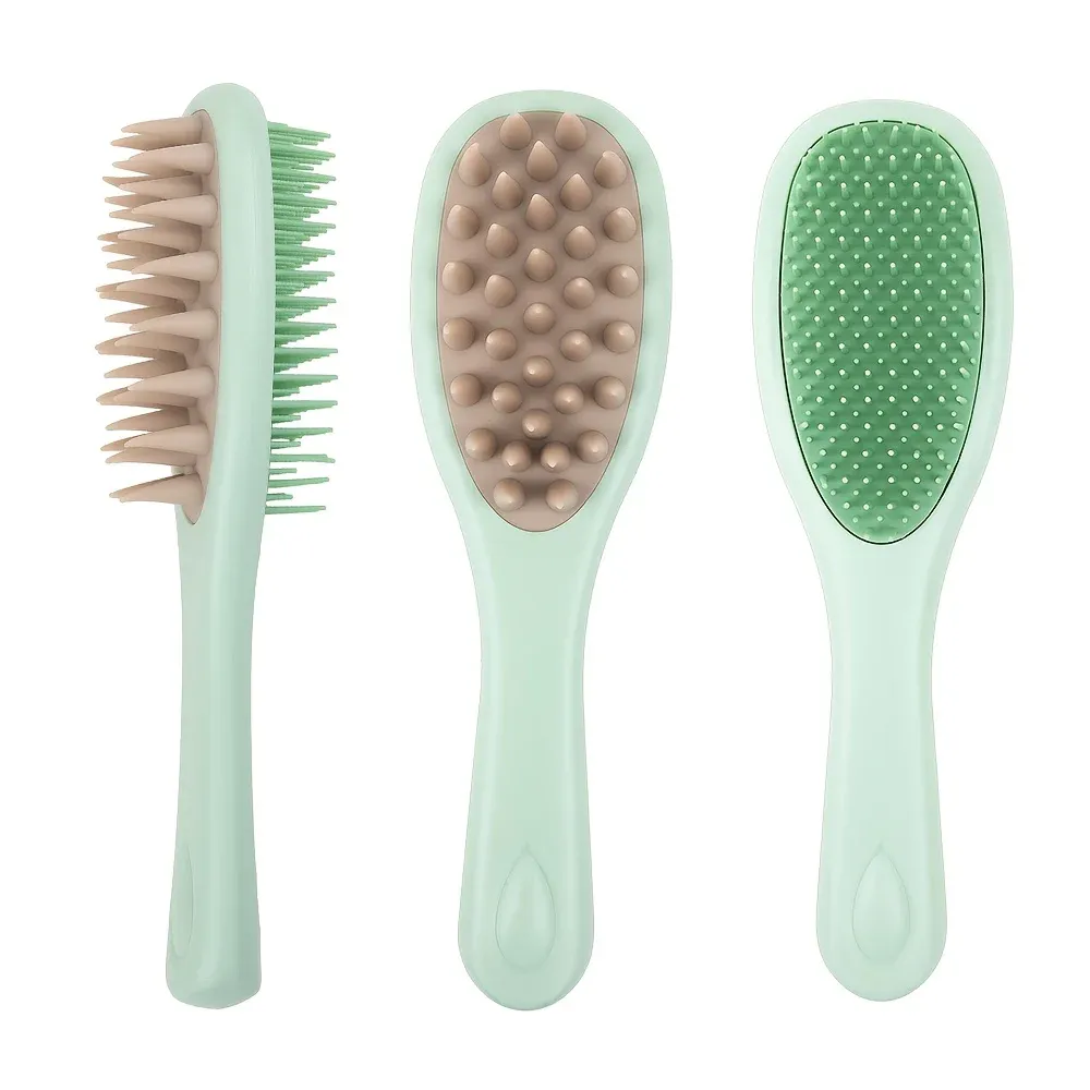 Brosse à cheveux double face avec masseur de cuir chevelu, poils en silicone et long manche, pour cheveux secs et humides 6