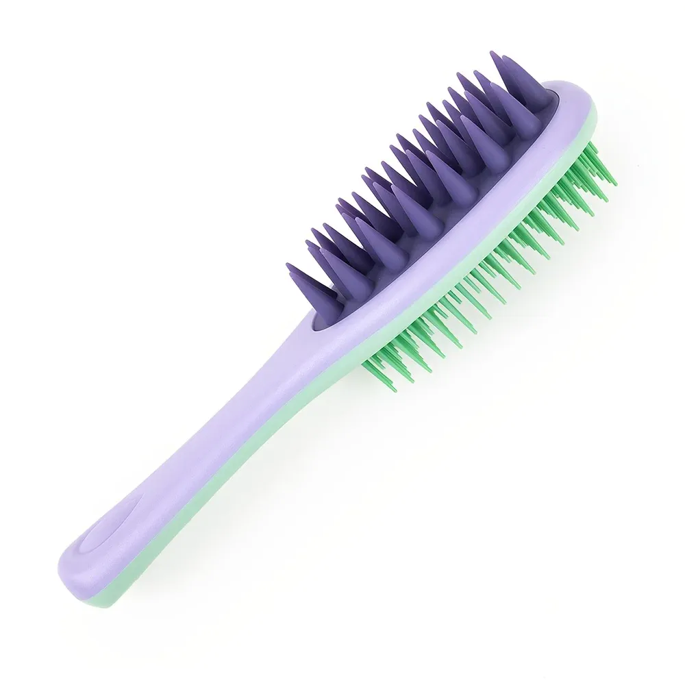 Brosse à cheveux double face avec masseur de cuir chevelu, poils en silicone et long manche, pour cheveux secs et humides 9